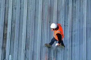 man inspecting metal roof