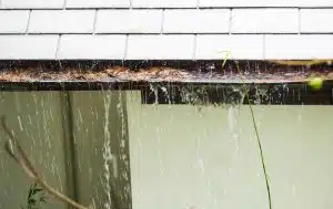 rainwater overflowing from a clogged gutter