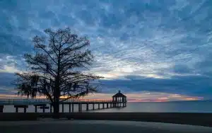 MANDEVILLE, LOUISIANA, UNITED STATES - Feb 06, 2018: Fontainebleau State Park, Louisiana - February 2018: Sunset over Lake Pontchartrain seen from Fontainebleau State Park.