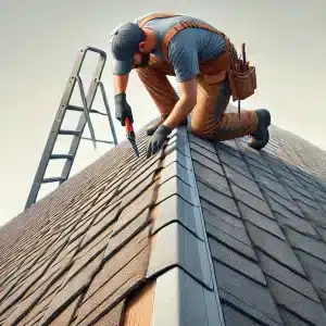 worker securing shingle edges