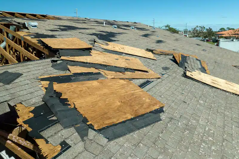 storm-damaged roof in New Orleans showing missing shingles repaired by Big Easy Roofing