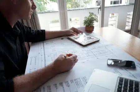 Louisiana homeowner reviewing roofing warranty documents at a kitchen table with a contractor